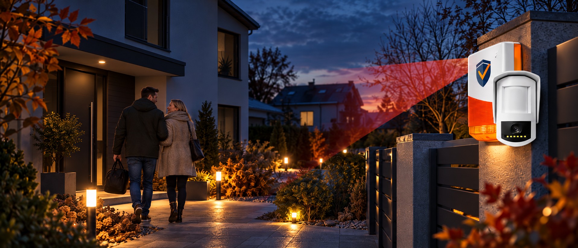 Einbruchschutz in der dunklen Jahreszeit: Ein Paar kehrt abends zu seinem Haus zurück, das durch eine Alarmanlage mit Bewegungsmelder gesichert ist.